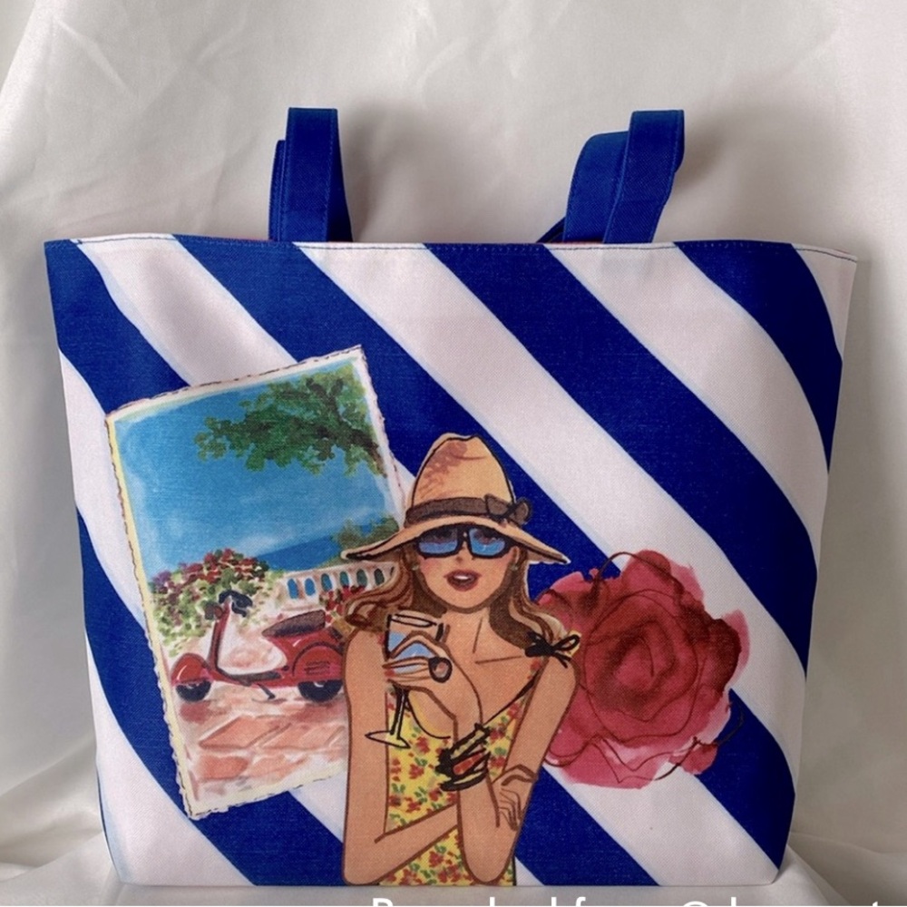 ♥️ LANCOME Tote Canvas Beach Bag Blue & White Stripe 18x14 NEW